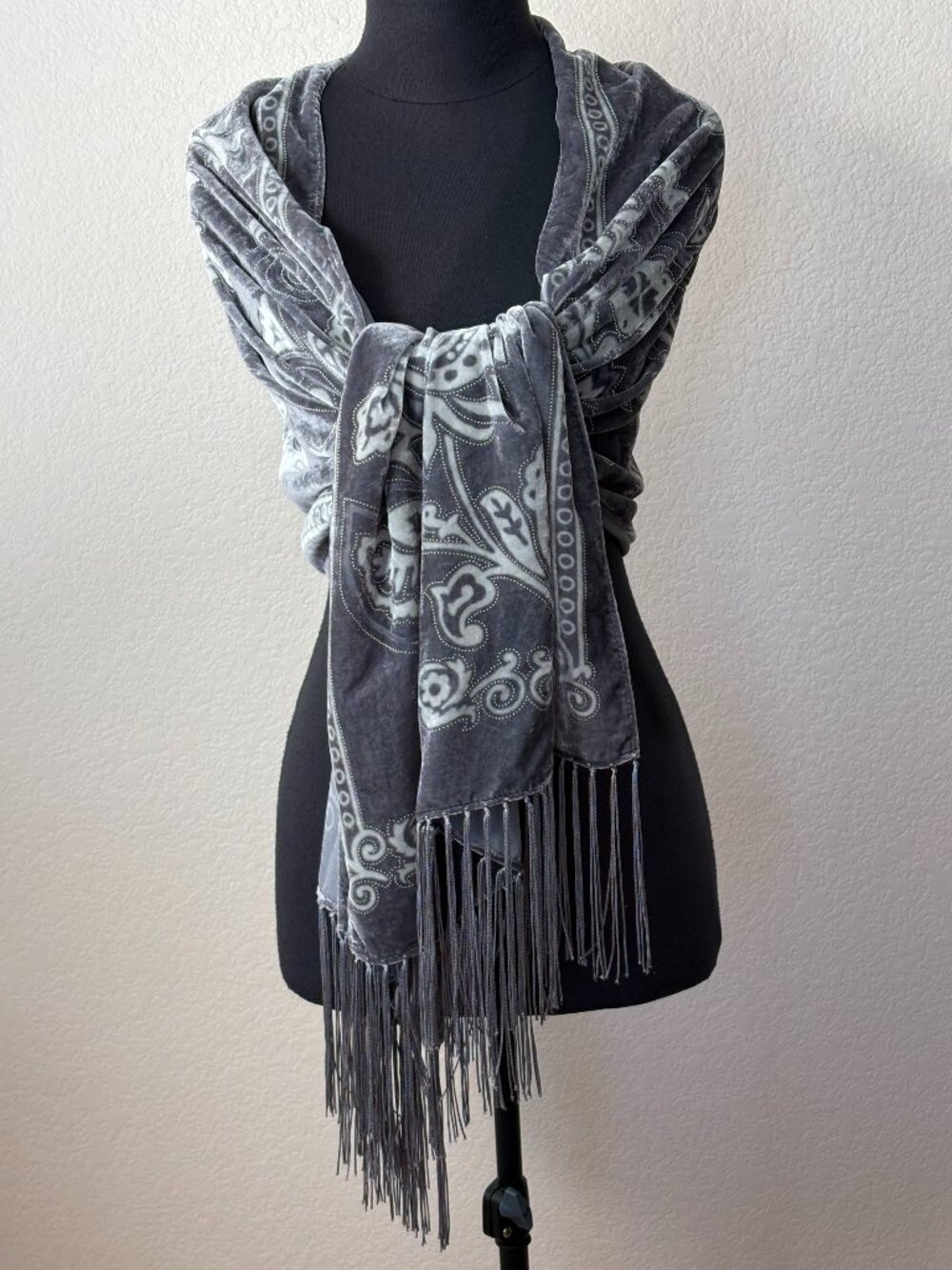 Style & Co Gray Velvet Paisley Floral Fringe Shawl Wrap Boho